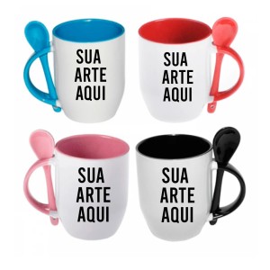 Caneca de Porcelana com Colher Personalizada Porcelana Arte em 20,3x9,5cm  Sublimação  